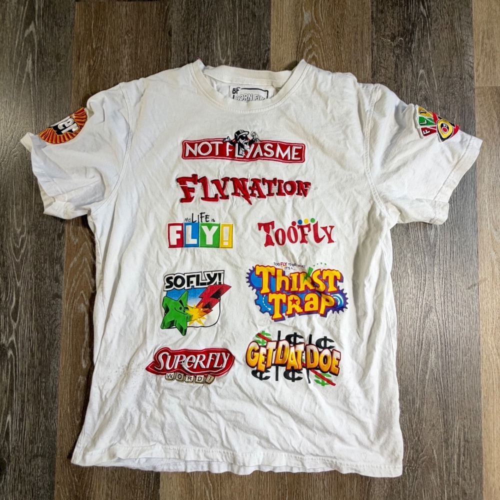 Born Fly Graphic Patch T-Shirt Mens XL White Short Sleeve Streetwear Thirst Trap